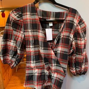 Plaid wrap front blouse with a hint of gold glimmer